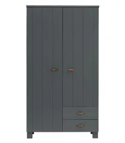 WOOOD Dennis Kast Met Laden - Grenen/Leer - Staal Grijs - 202x111x55