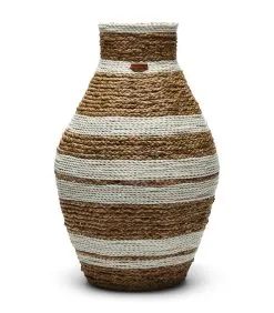 Rivièra Maison Rieten Vaas, Rond Met Streep - Emelisse - Bruin / Wit - Maat L